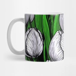 White tulips with green leaves Mug